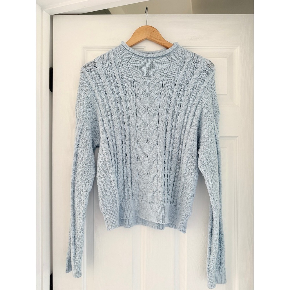 J.Crew Womens Cable Rollneck Blue Sweater Cozy Fall Aesthetic Preppy